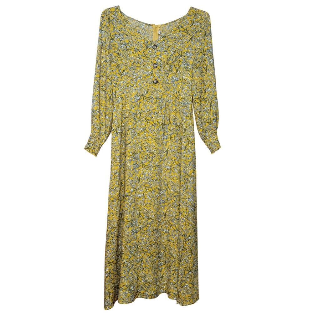 Women's Maxi Yellow Dress Cotton Blend S Boho Floral Prairie Cottage Puff Sleeve - Picture 2 of 14